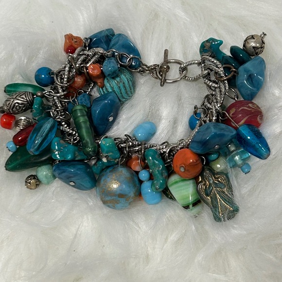 Teal Blue Turquoise Bead Silver‎ Chain Multi Strand Charm Bracelet Women's - Picture 5 of 6